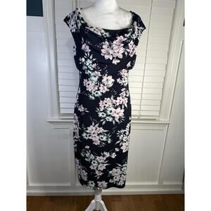 Connected Apparel Navy Blue Floral Midi Dress Size 10